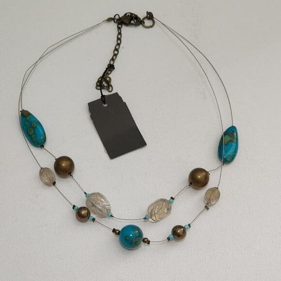 TRESKA Turquoise and Gold beaded multi strand illusion necklace new - Picture 6 of 7